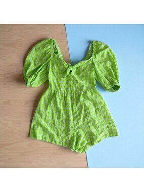 TOPSHOP Green White Gingham Plaid Puff Sleeve Romper Size US 4